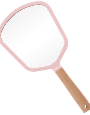 Trifecta Single-Sided Portable Travel Handheld Vanity Mirror with Hanging Hole in Handle Hand Mirror with Comfy Handle for Makeup,Small Cute Wood Hand Mirror(Fan, Pink Pack of 1)