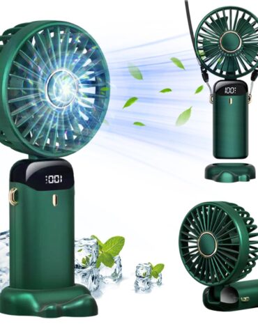 HASTHIP® Hand Fan Mini Handheld Fan 3000mAh Rechargeable with 5 Speeds, Battery Operated Mini Fan Foldable Desk Desktop Fans with LED Display for Home Office Bedroom Outdoor Travel (Green)