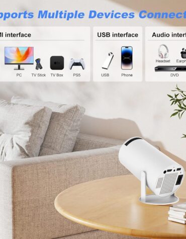VPGS Mini Projector, HY300 Auto Keystone Correction Portable Projector, 4K/ 200 ANSI Smart Projector with 2.4/5G WiFi, BT 5.0, 130 Inch Screen, 180 Degree Flip, Round Design, Home Video Projector